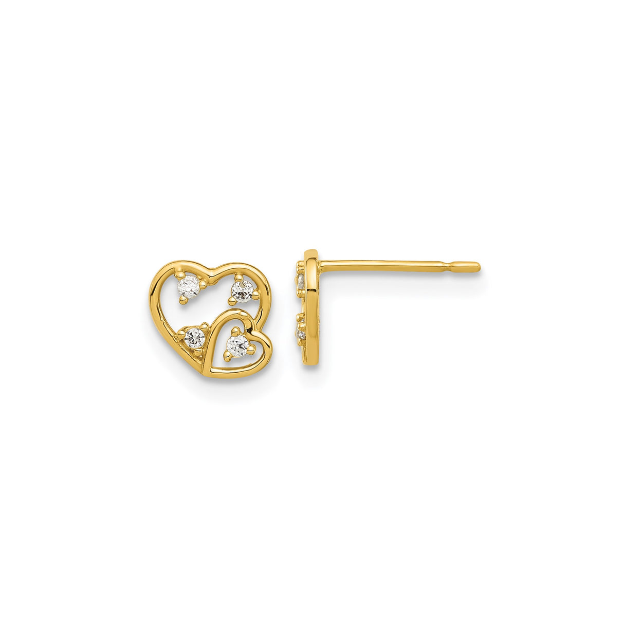 14k Yellow Gold Heart Stud Earrings with Cubic Zirconia, Open Double Heart Design for Women