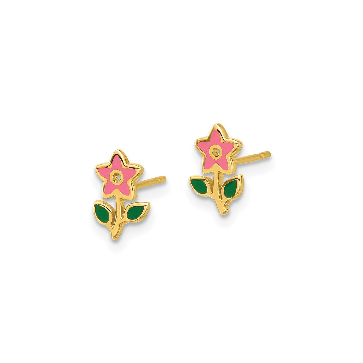 14k Yellow Gold Stud Earrings with Pink and Green Enamel Flower Design, Floral Motif for Teens