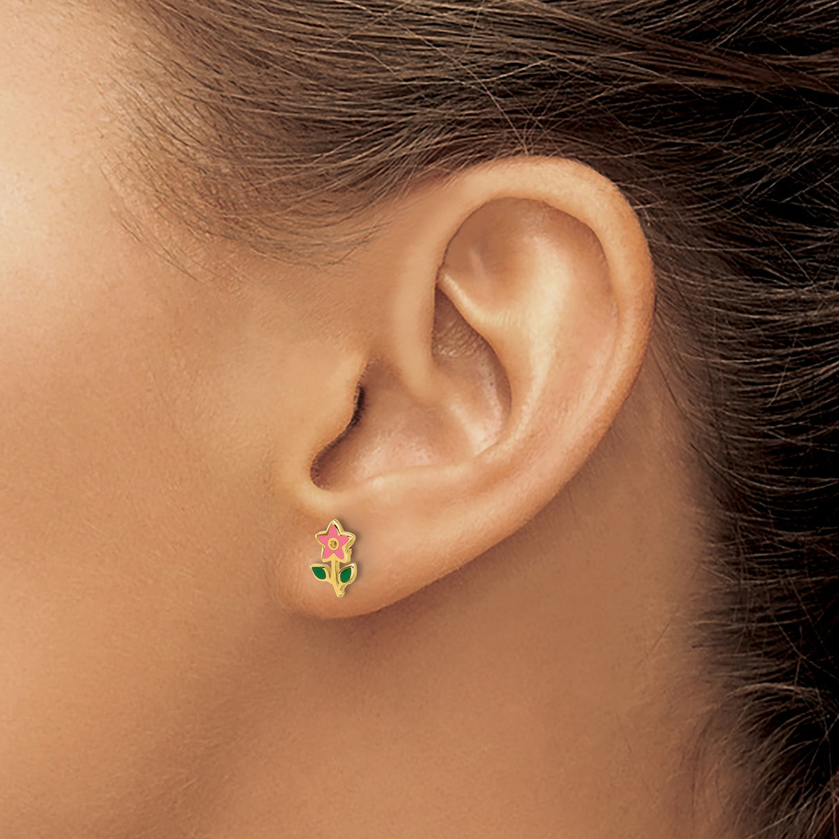 14k Yellow Gold Stud Earrings with Pink and Green Enamel Flower Design, Floral Motif for Teens