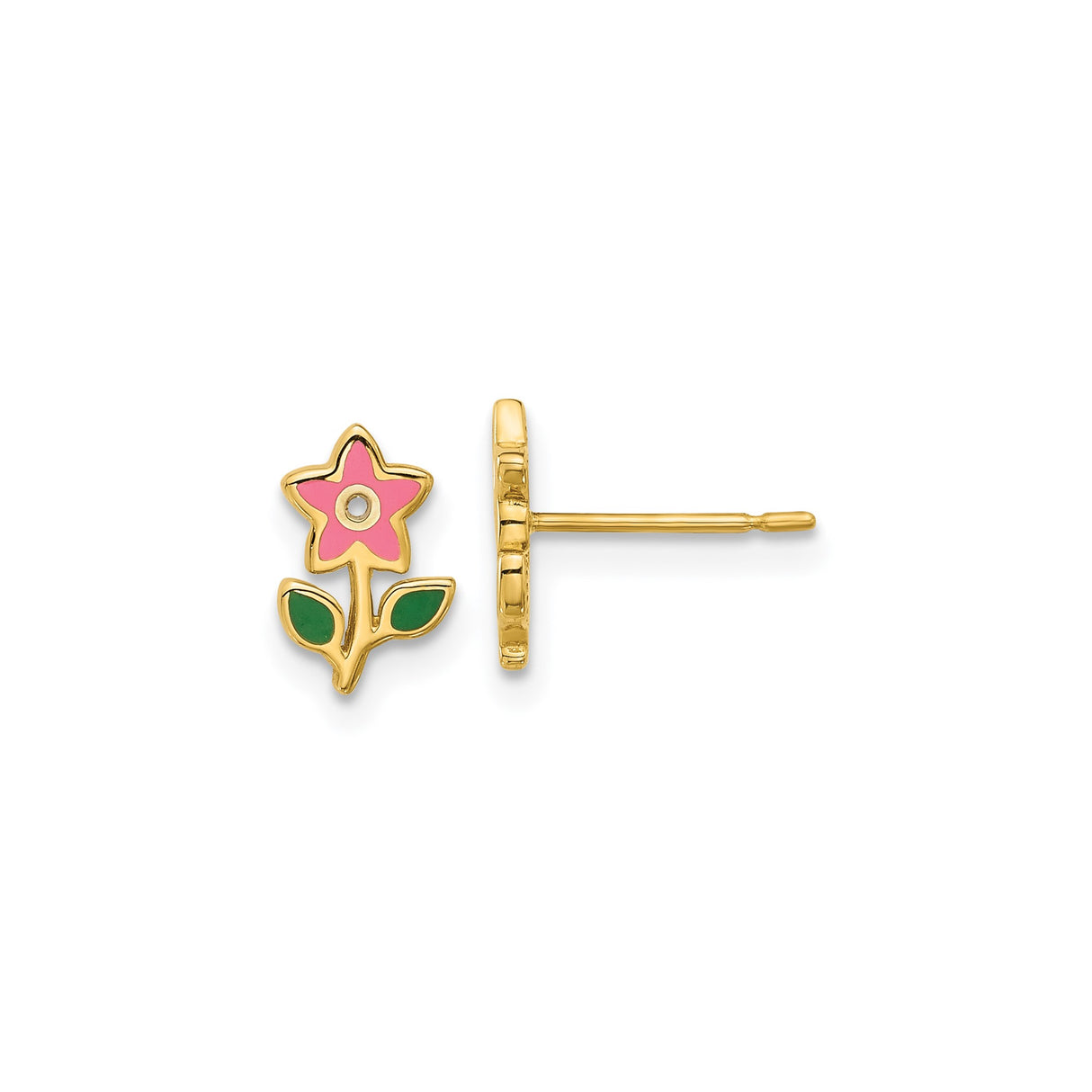 14k Yellow Gold Stud Earrings with Pink and Green Enamel Flower Design, Floral Motif for Teens