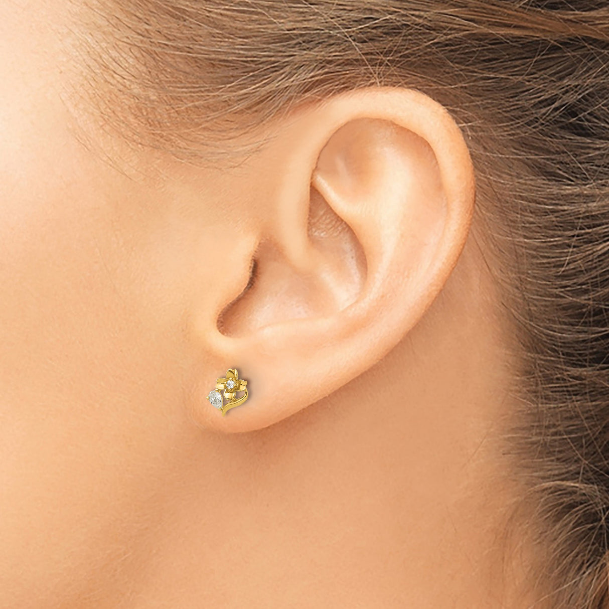 14k Yellow Gold Flower Stud Earrings with Cubic Zirconia, Dainty Floral Design