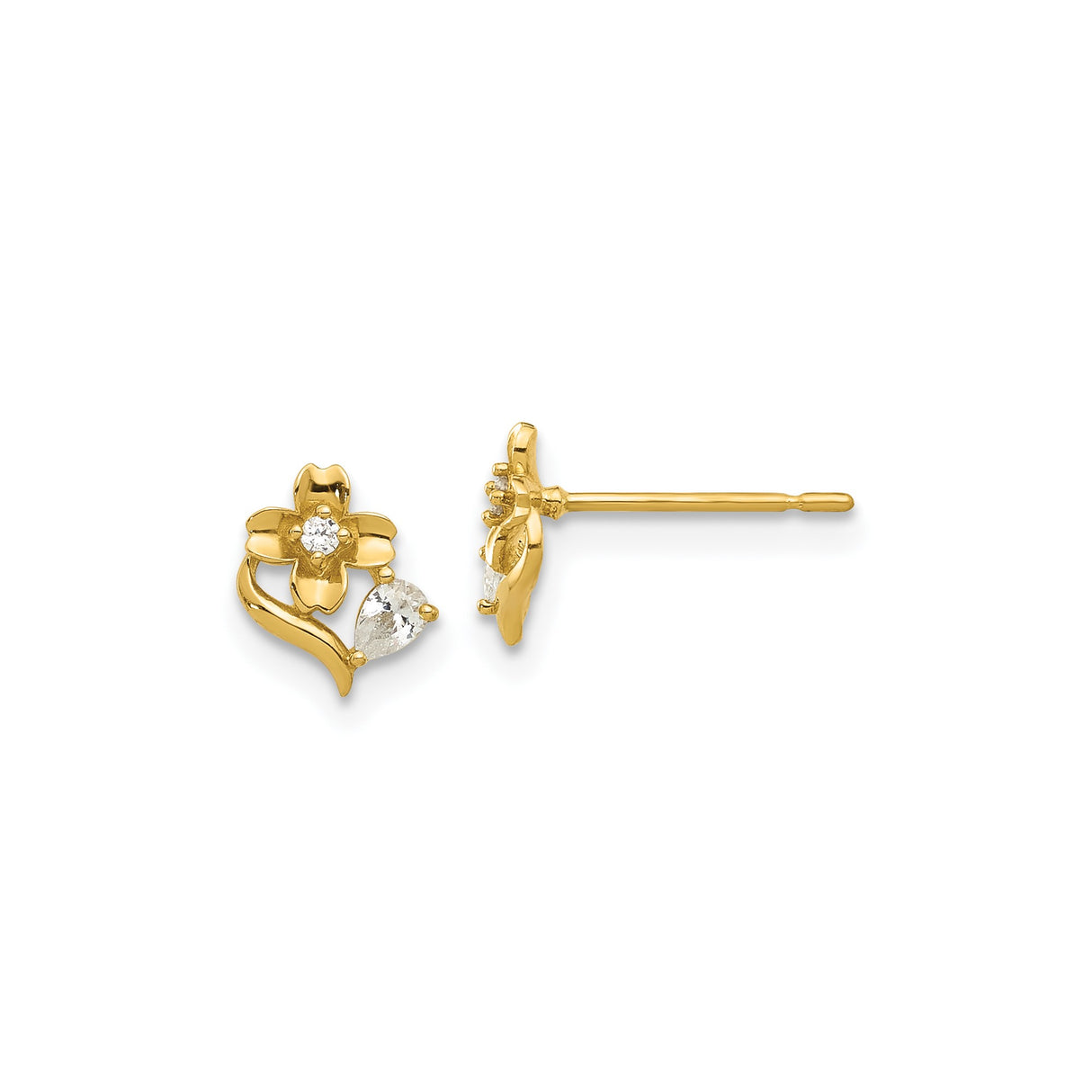 14k Yellow Gold Flower Stud Earrings with Cubic Zirconia, Dainty Floral Design