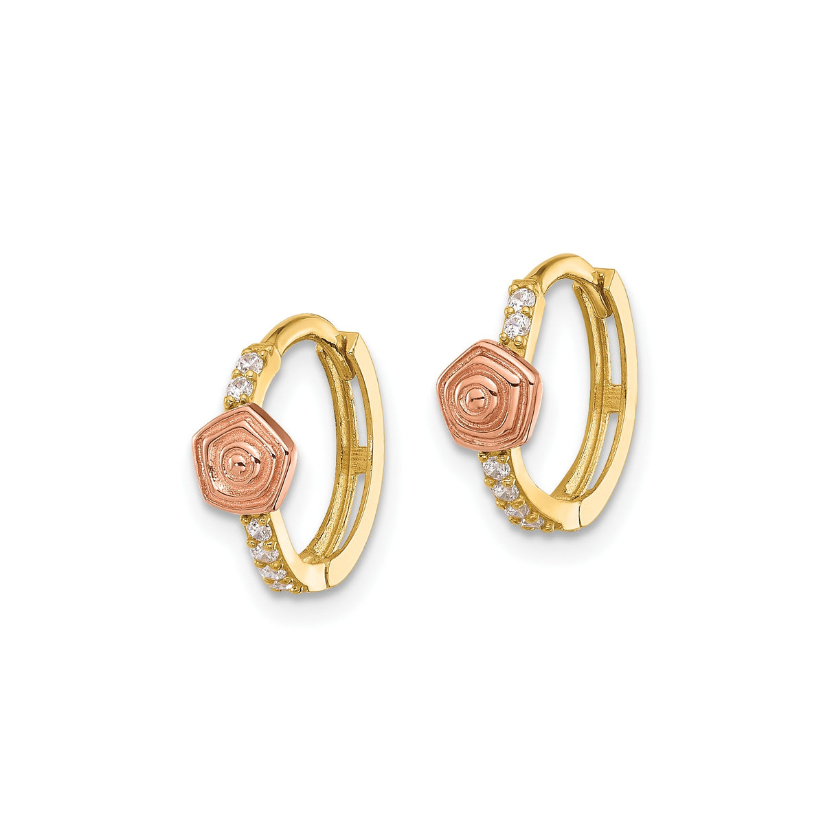 14k Yellow Gold Hoop Earrings with Cubic Zirconia, Rose Gold Hexagon Spiral Design