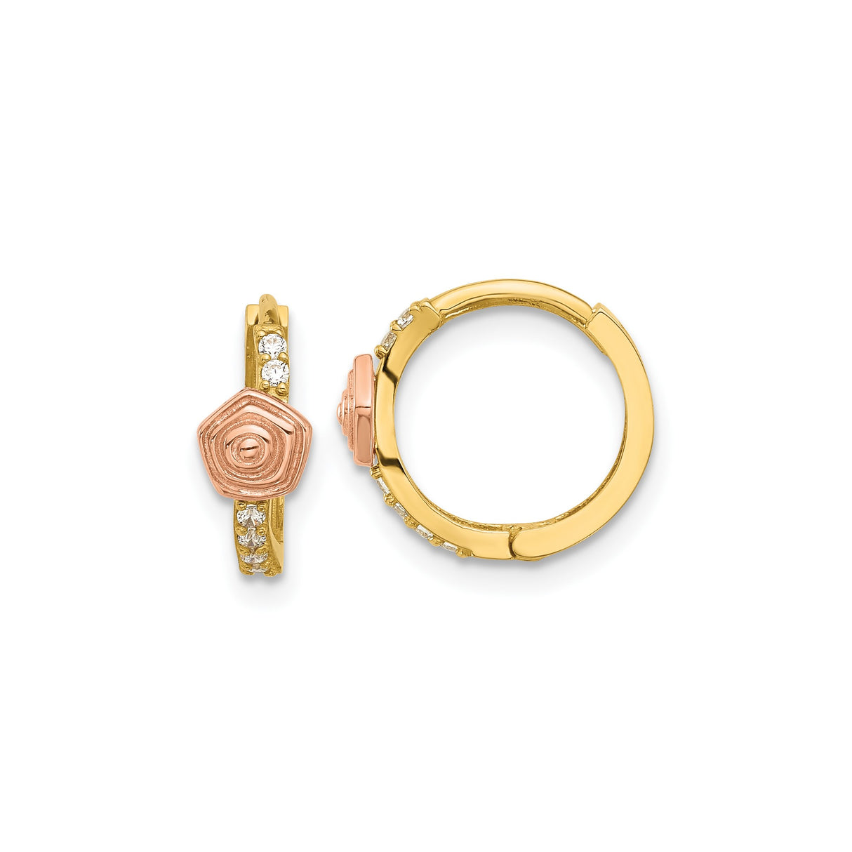 14k Yellow Gold Hoop Earrings with Cubic Zirconia, Rose Gold Hexagon Spiral Design