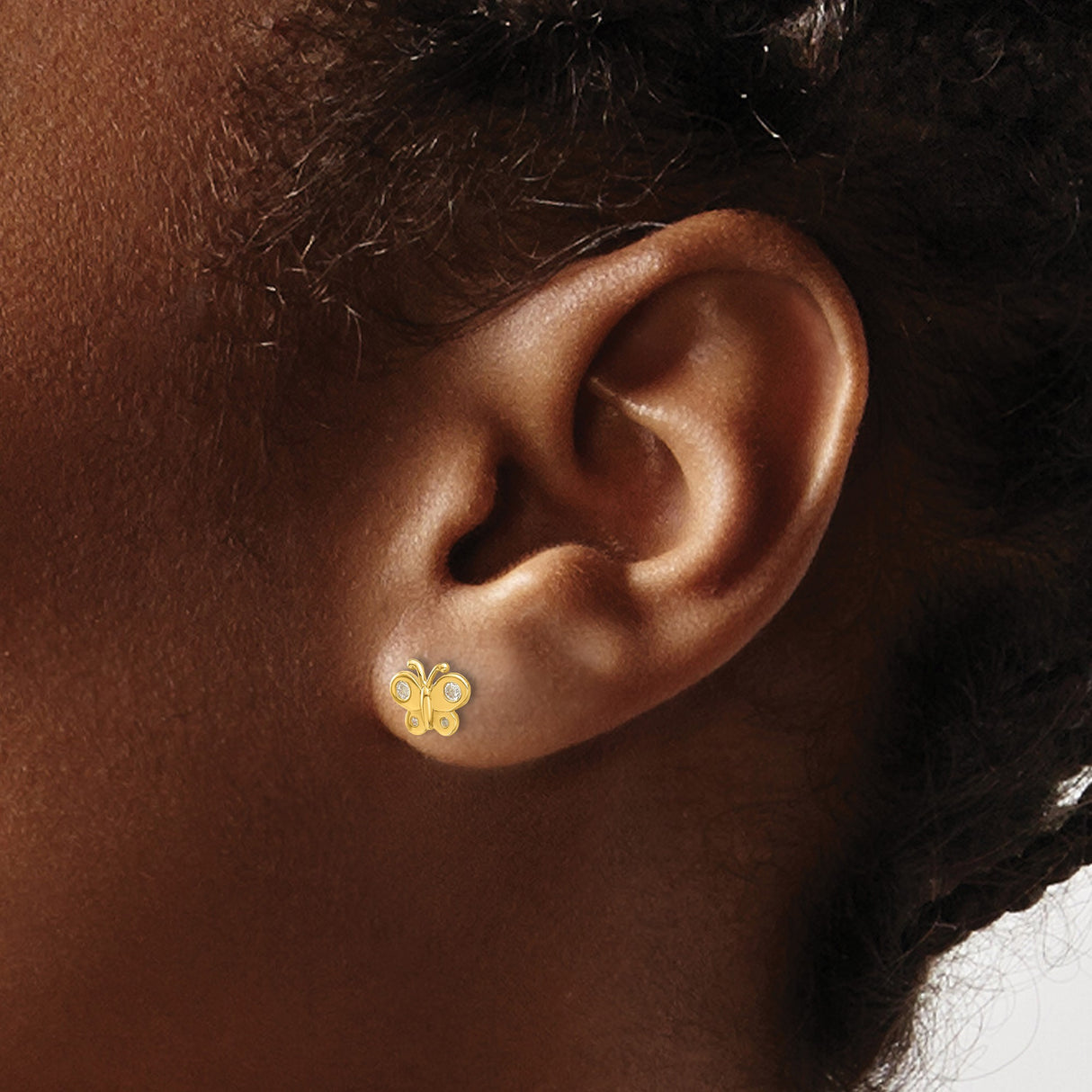 14k Yellow Gold Butterfly Stud Earrings with Cubic Zirconia Accents for Women and Girls