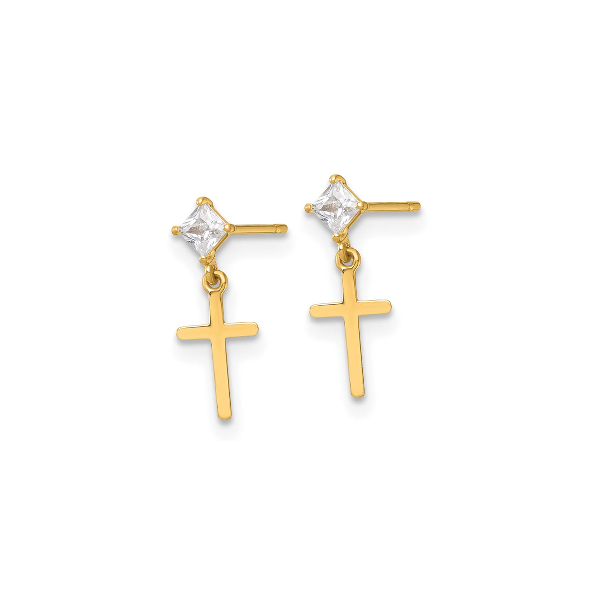 14k Yellow Gold Cross Dangle Stud Earrings with Cubic Zirconia, Christian Jewelry for Women