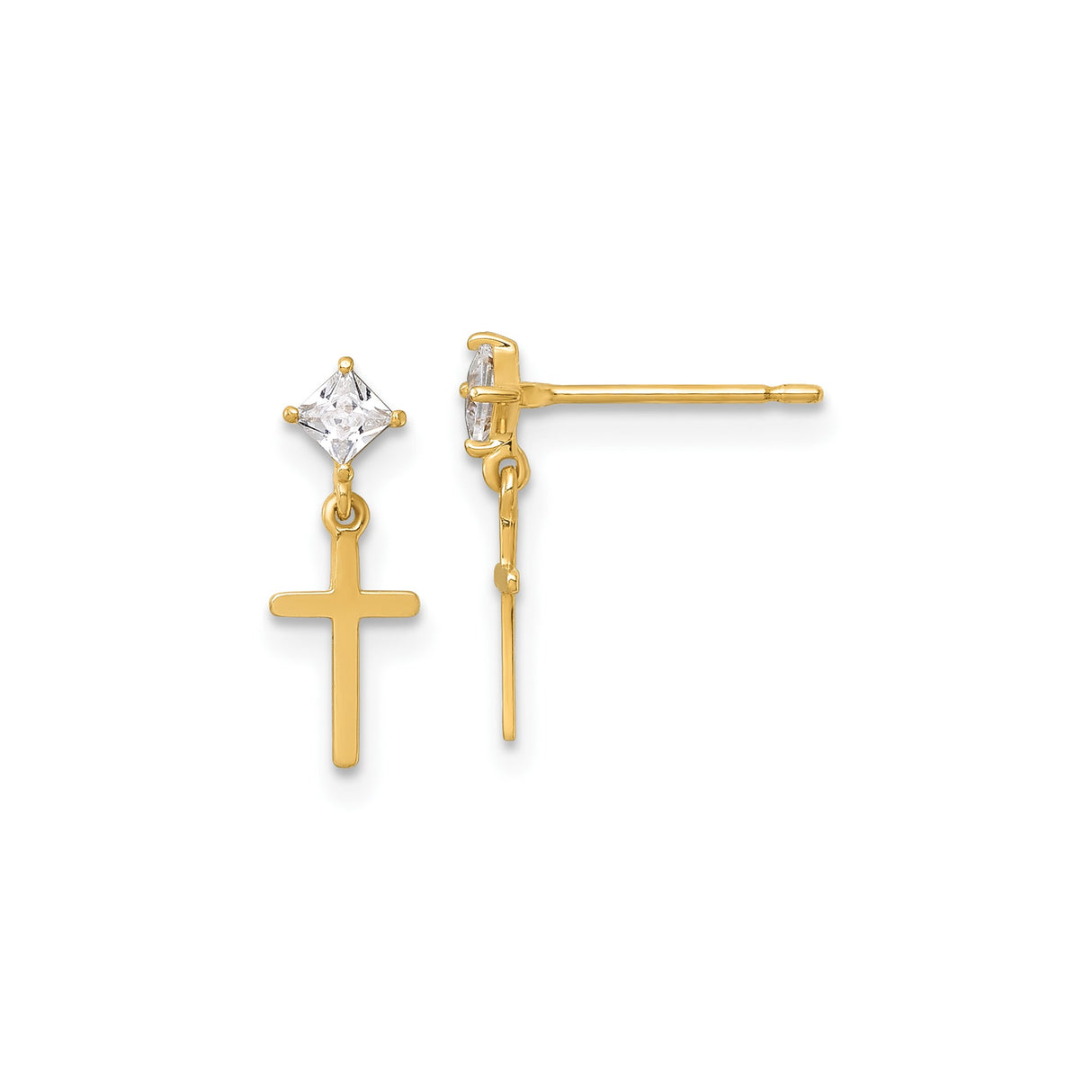 14k Yellow Gold Cross Dangle Stud Earrings with Cubic Zirconia, Christian Jewelry for Women