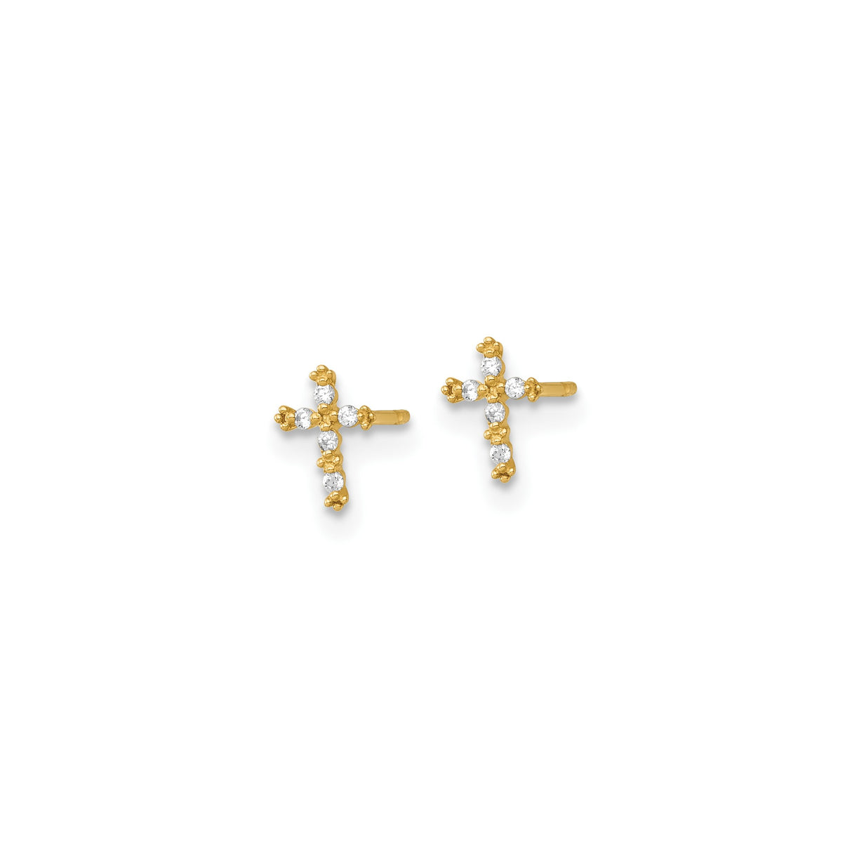 14k Yellow Gold Cross Stud Earrings with Cubic Zirconia in Bezel Setting, Christian Jewelry for Women