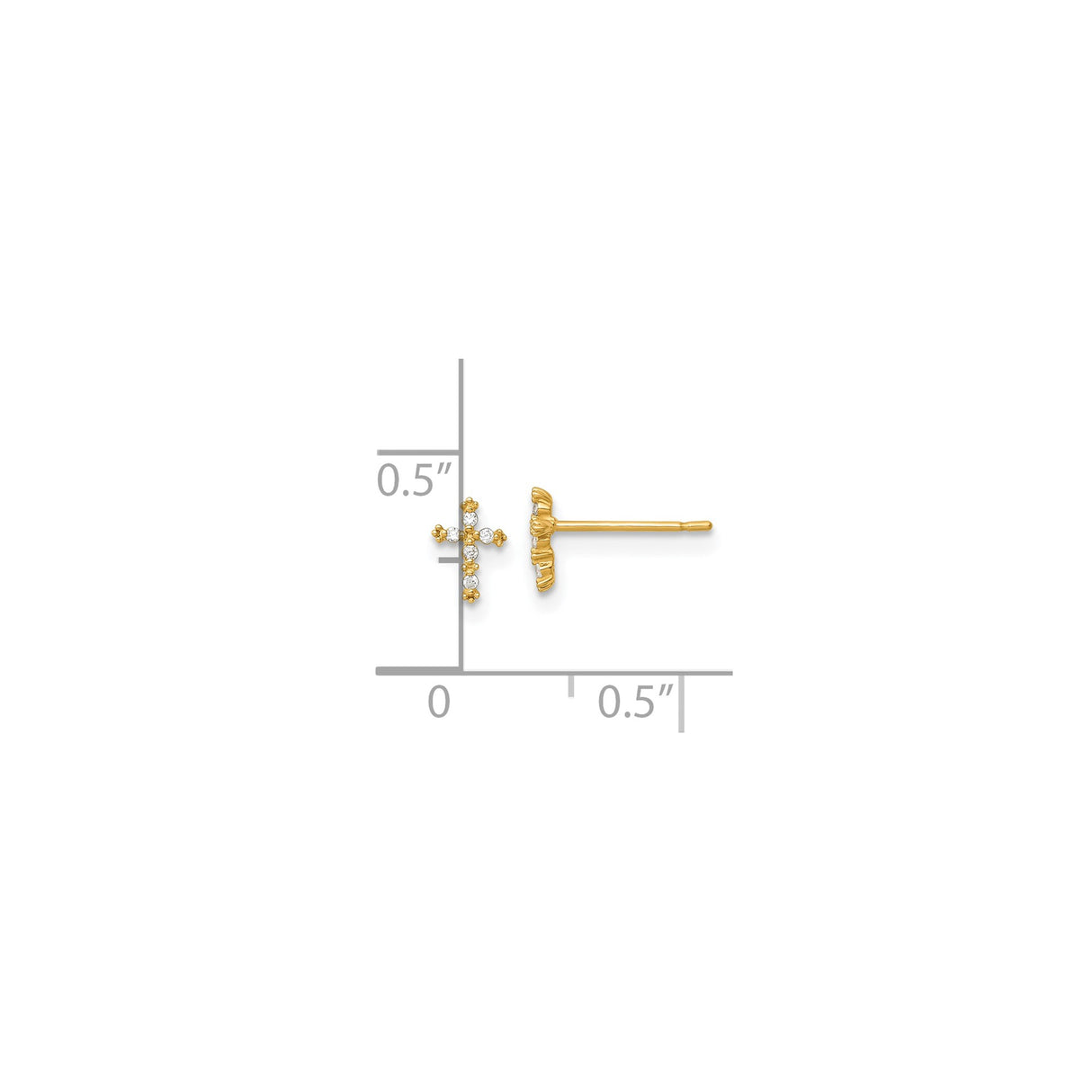 14k Yellow Gold Cross Stud Earrings with Cubic Zirconia in Bezel Setting, Christian Jewelry for Women