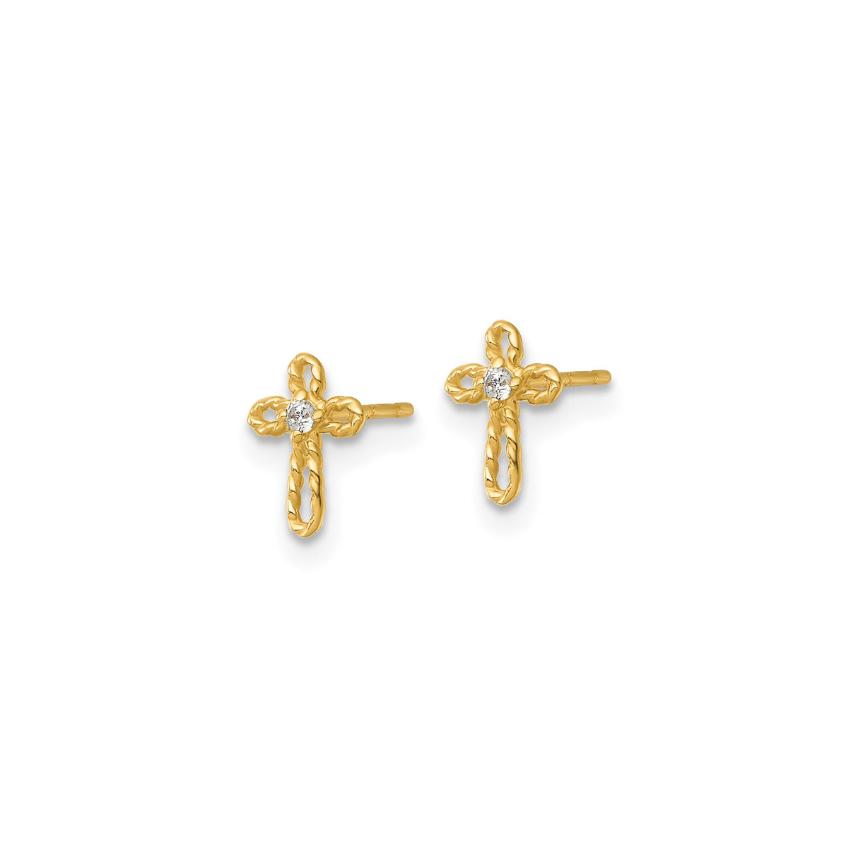 14k Yellow Gold Cross Stud Earrings with Cubic Zirconia and Twisted Rope Design