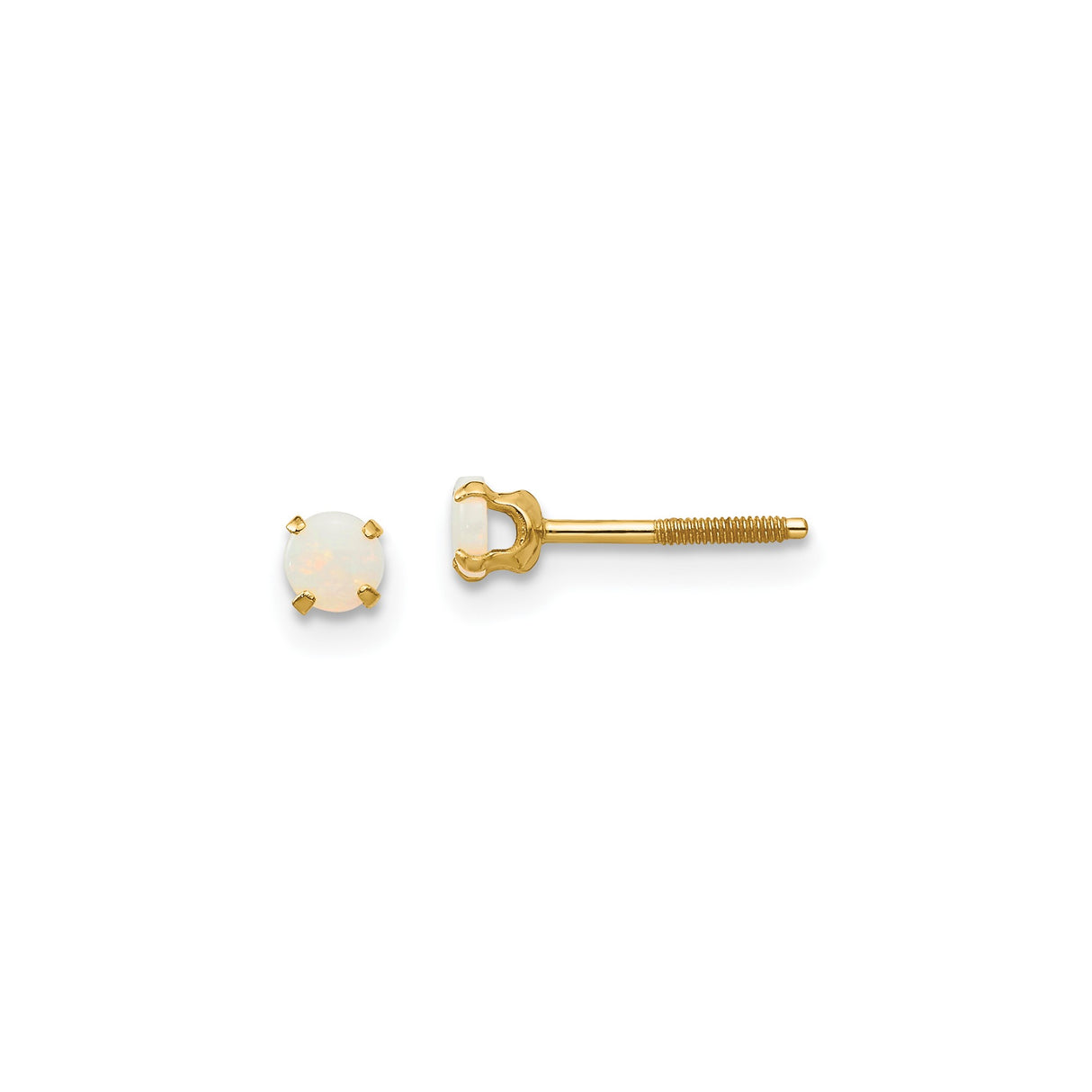 14k Yellow Gold Stud Earrings with White Opal in Four-Prong Setting, Screw-Back