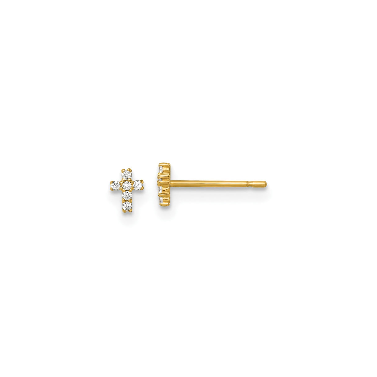 14k Yellow Gold Cross Stud Earrings with Cubic Zirconia, Minimalist Religious Jewelry for Women