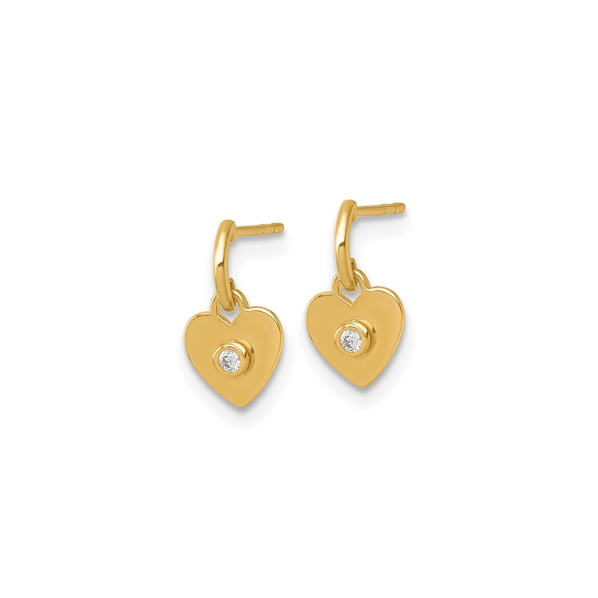 14k Yellow Gold Heart Dangle Earrings with Cubic Zirconia, Lightweight Drop Design for Women