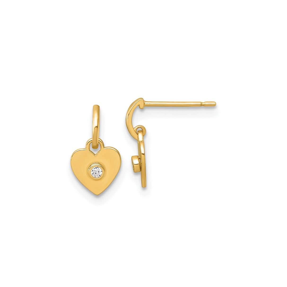 14k Yellow Gold Heart Dangle Earrings with Cubic Zirconia, Lightweight Drop Design for Women