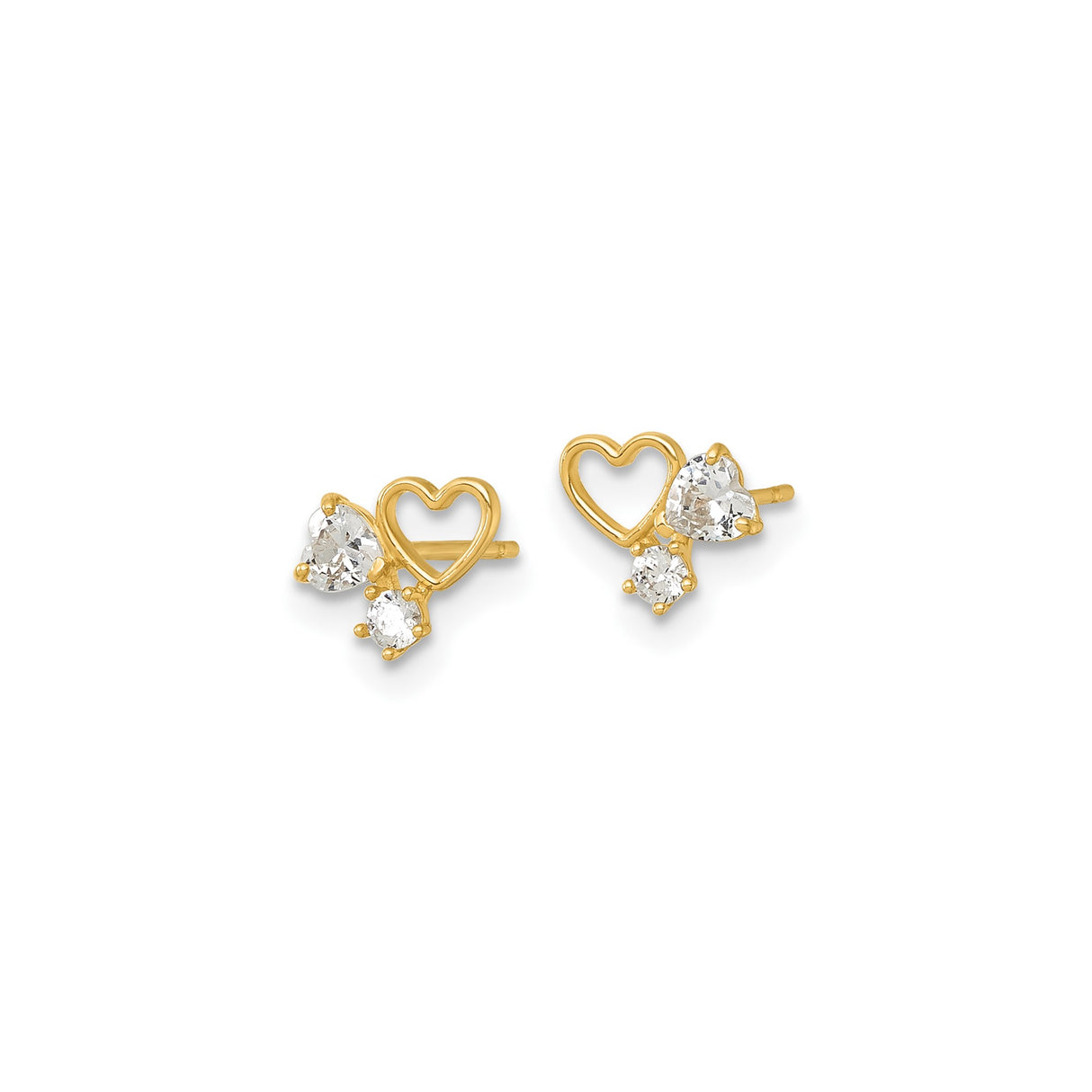 14k Yellow Gold Stud Earrings with Open Heart and Cubic Zirconia Design