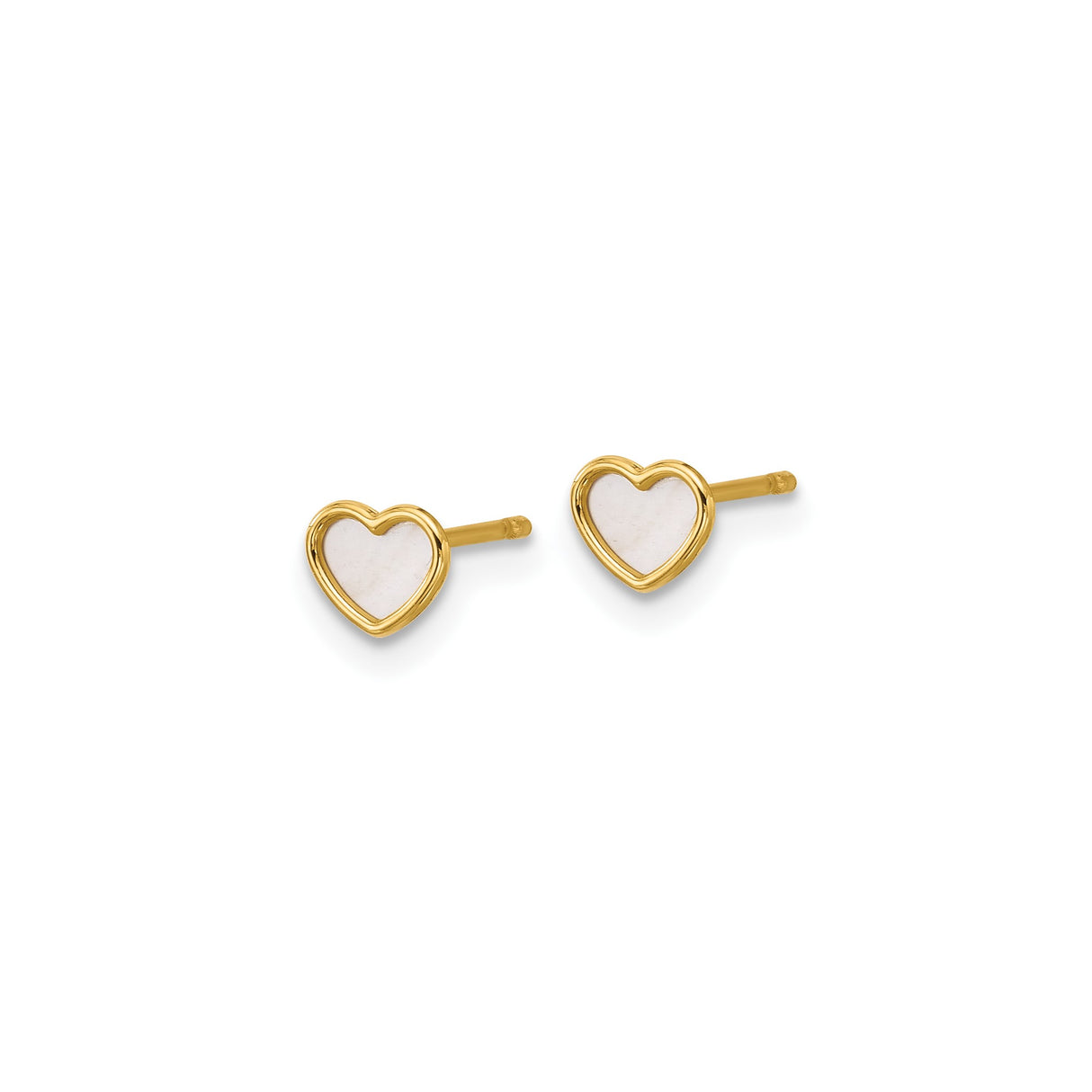 14k Yellow Gold Heart Stud Earrings with Mother of Pearl Inlay, Minimalist Design