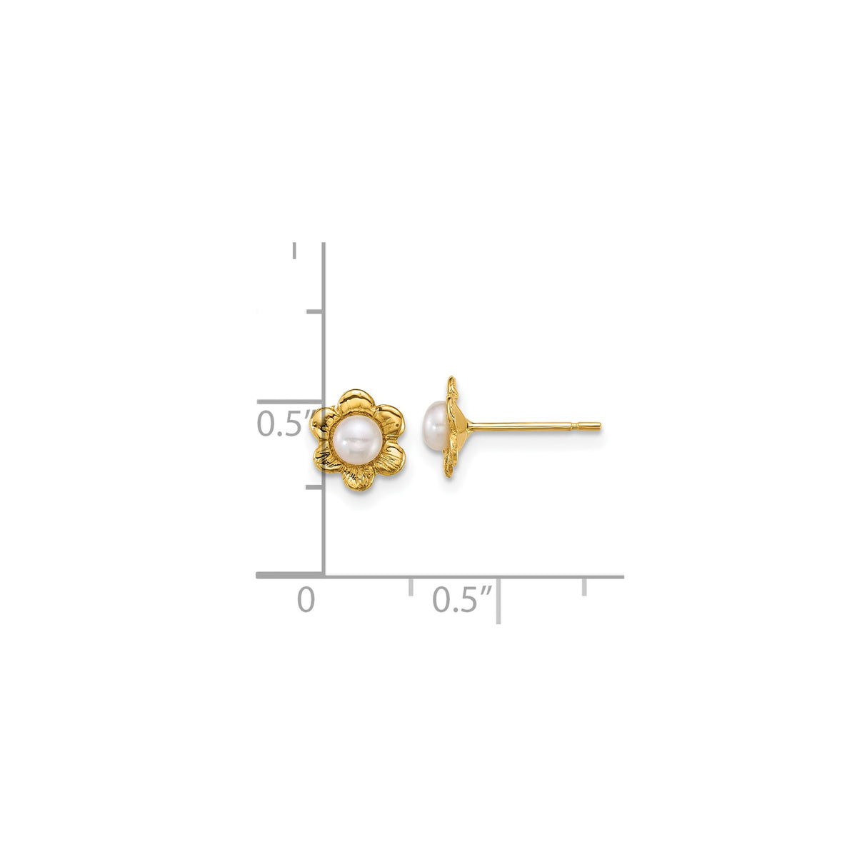 14k Yellow Gold Flower Stud Earrings with White Pearl Center, Dainty Floral Design