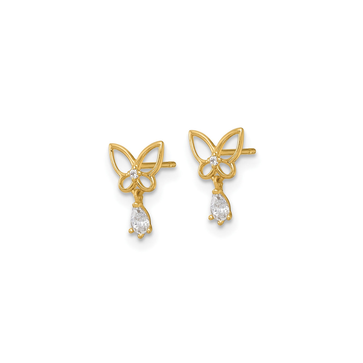 14k Yellow Gold Butterfly Dangle Stud Earrings with Teardrop Cubic Zirconia