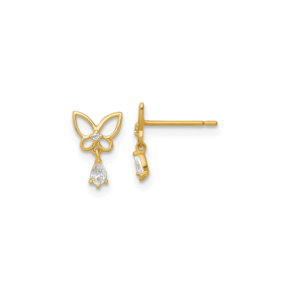 14k Yellow Gold Butterfly Dangle Stud Earrings with Teardrop Cubic Zirconia