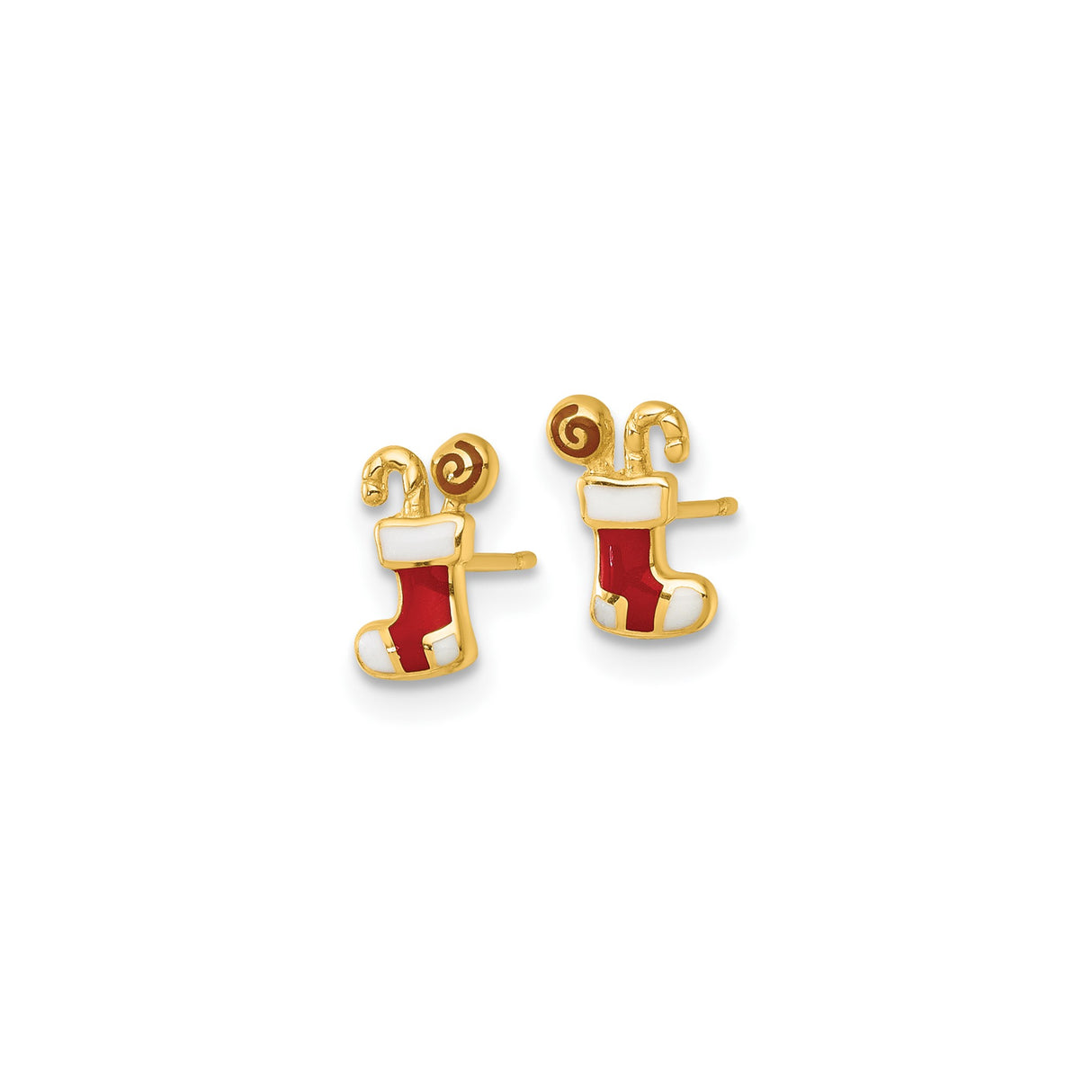 14k Yellow Gold Christmas Stocking Stud Earrings with Red and White Enamel Accents