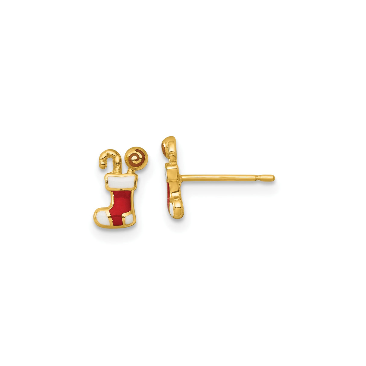 14k Yellow Gold Christmas Stocking Stud Earrings with Red and White Enamel Accents
