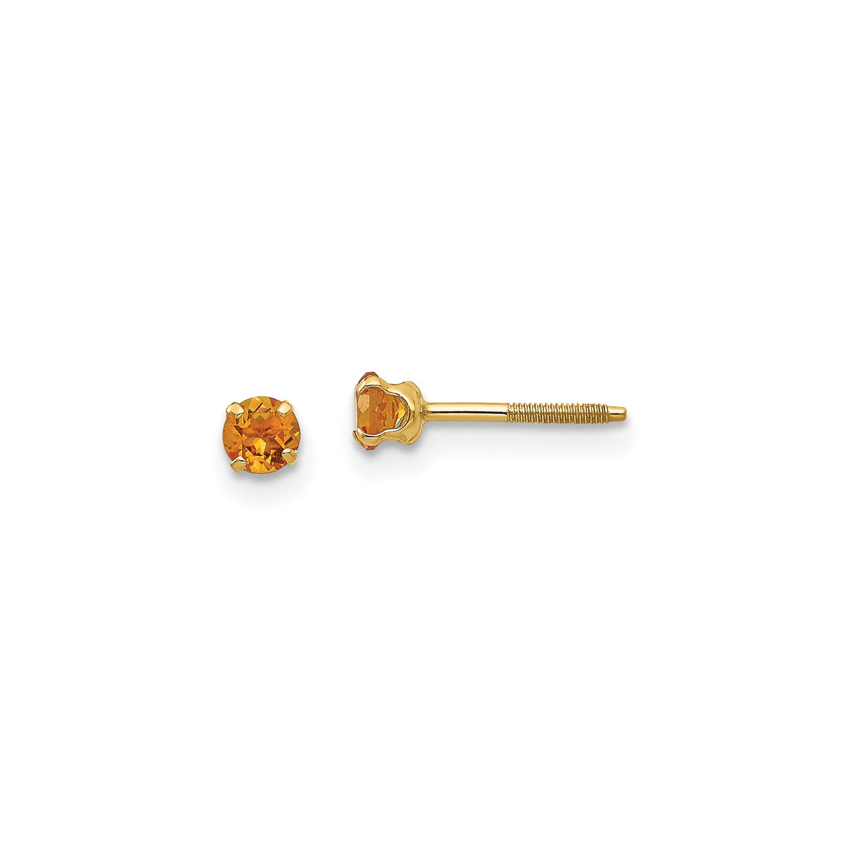 14k Yellow Gold Stud Earrings with Round Citrine in Four-Prong Setting, Minimalist Style