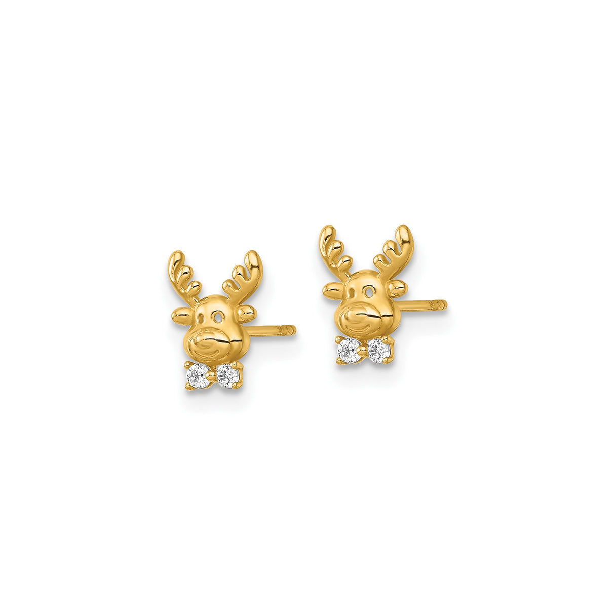 14k Yellow Gold Reindeer Stud Earrings with Cubic Zirconia, Christmas Holiday Jewelry for Women