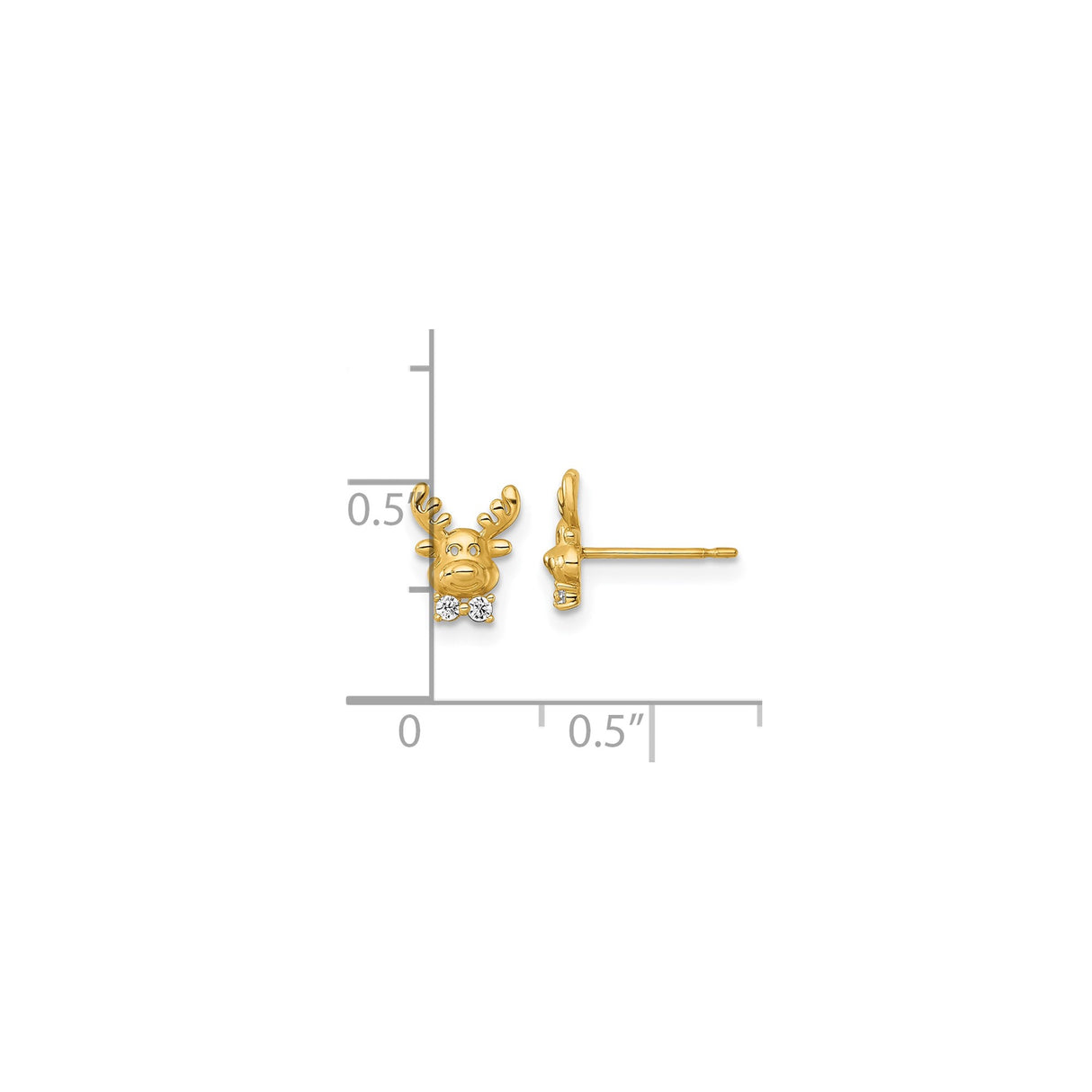 14k Yellow Gold Reindeer Stud Earrings with Cubic Zirconia, Christmas Holiday Jewelry for Women