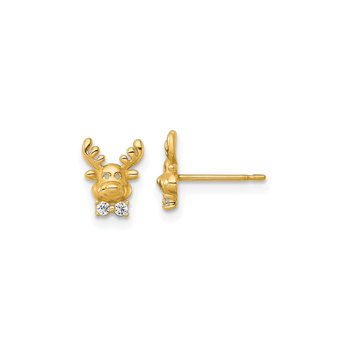 14k Yellow Gold Reindeer Stud Earrings with Cubic Zirconia, Christmas Holiday Jewelry for Women