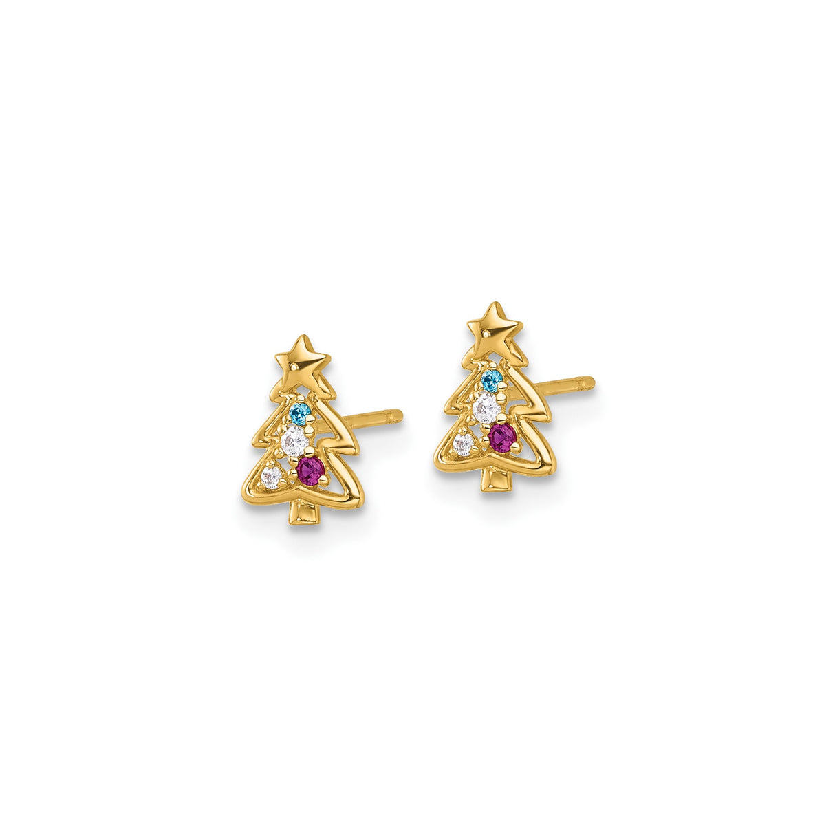 14k Yellow Gold Christmas Tree Stud Earrings with Cubic Zirconia, Festive Holiday Design