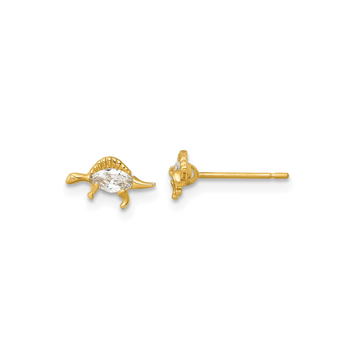 14k Yellow Gold Dinosaur Stud Earrings with Cubic Zirconia, Stegosaurus Design