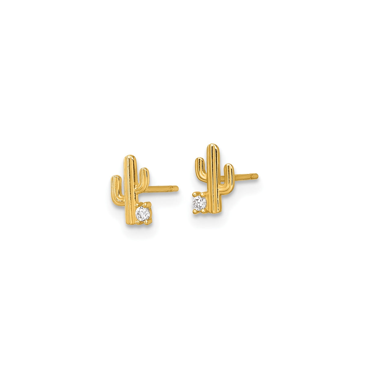 14k Yellow Gold Cactus Stud Earrings with Cubic Zirconia, Boho Southwestern Style