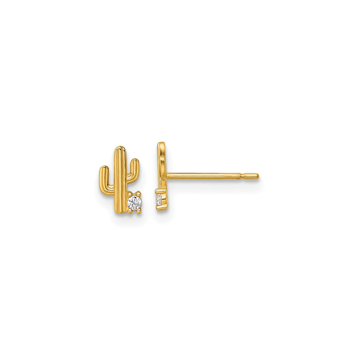 14k Yellow Gold Cactus Stud Earrings with Cubic Zirconia, Boho Southwestern Style