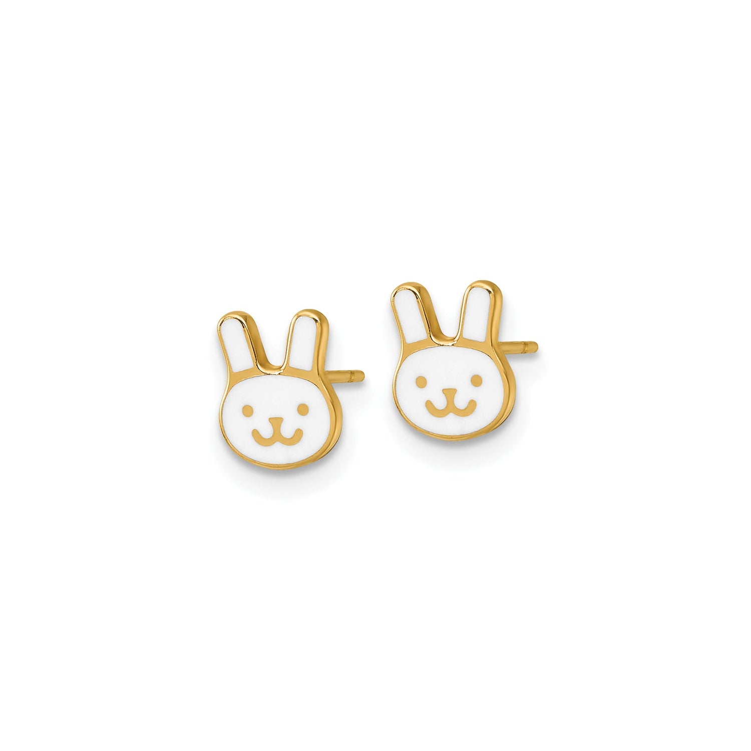 14k Yellow Gold Bunny Stud Earrings with White Enamel Rabbit Face Design for Girls or Animal Lovers