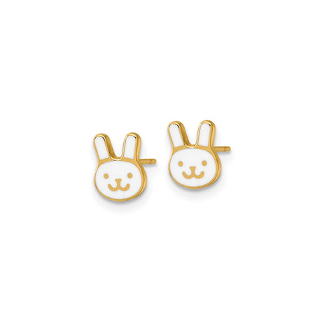 14k Yellow Gold Bunny Stud Earrings with White Enamel Rabbit Face Design for Girls or Animal Lovers