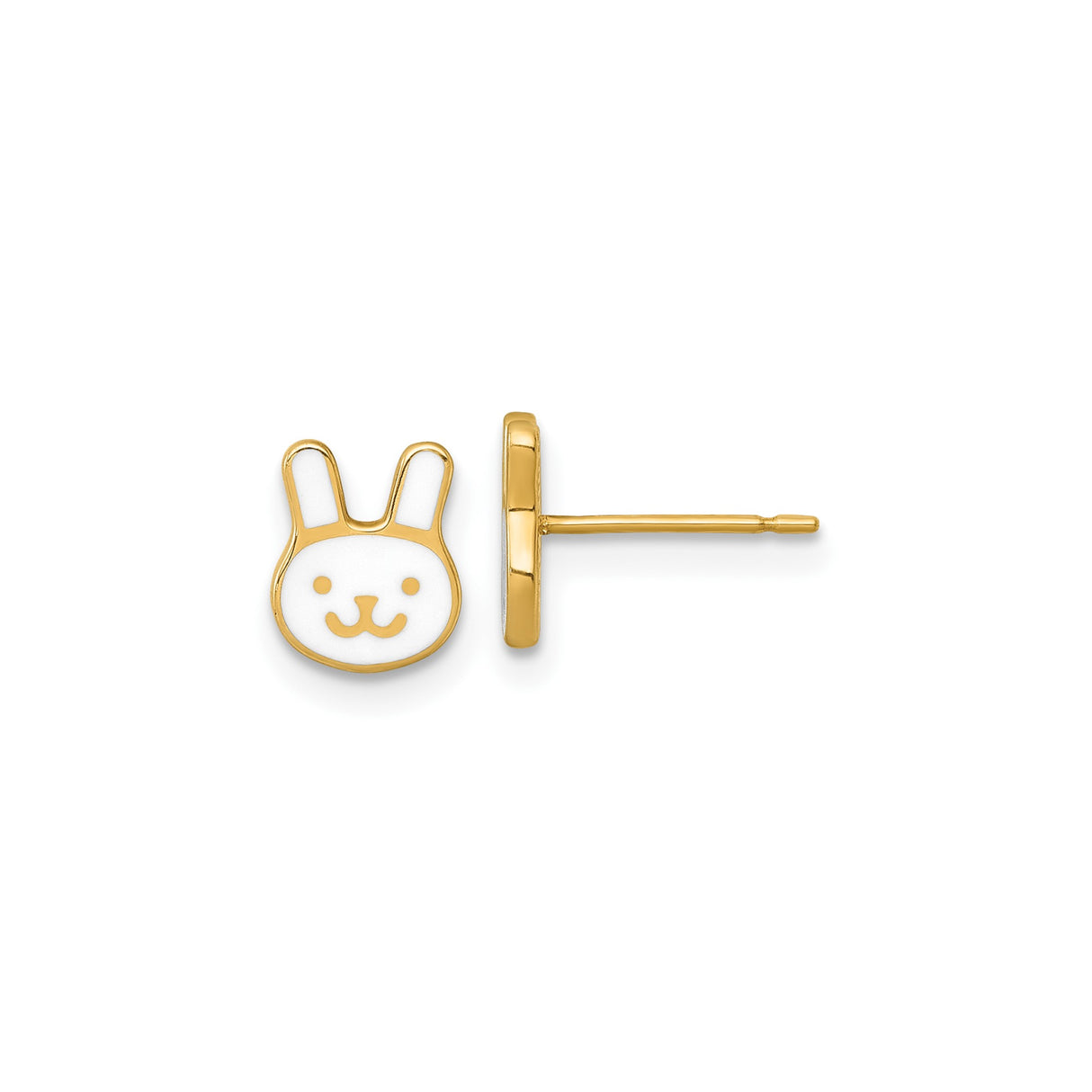 14k Yellow Gold Bunny Stud Earrings with White Enamel Rabbit Face Design for Girls or Animal Lovers