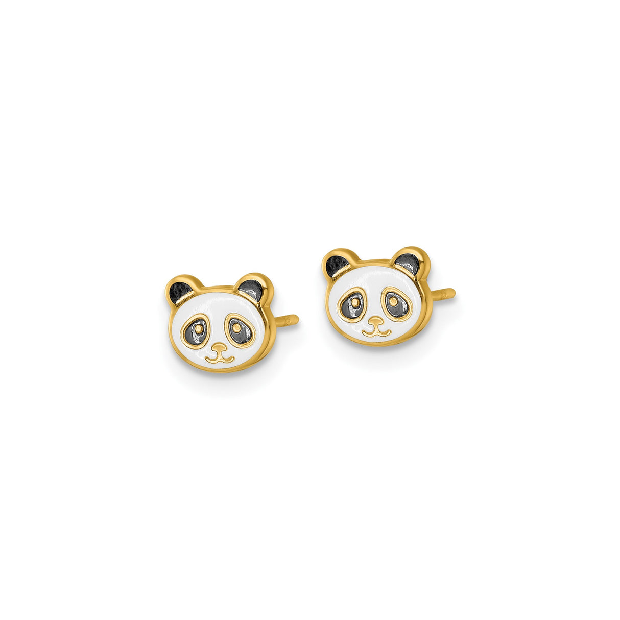 14k Yellow Gold Panda Stud Earrings with Enamel Black and White Face Design