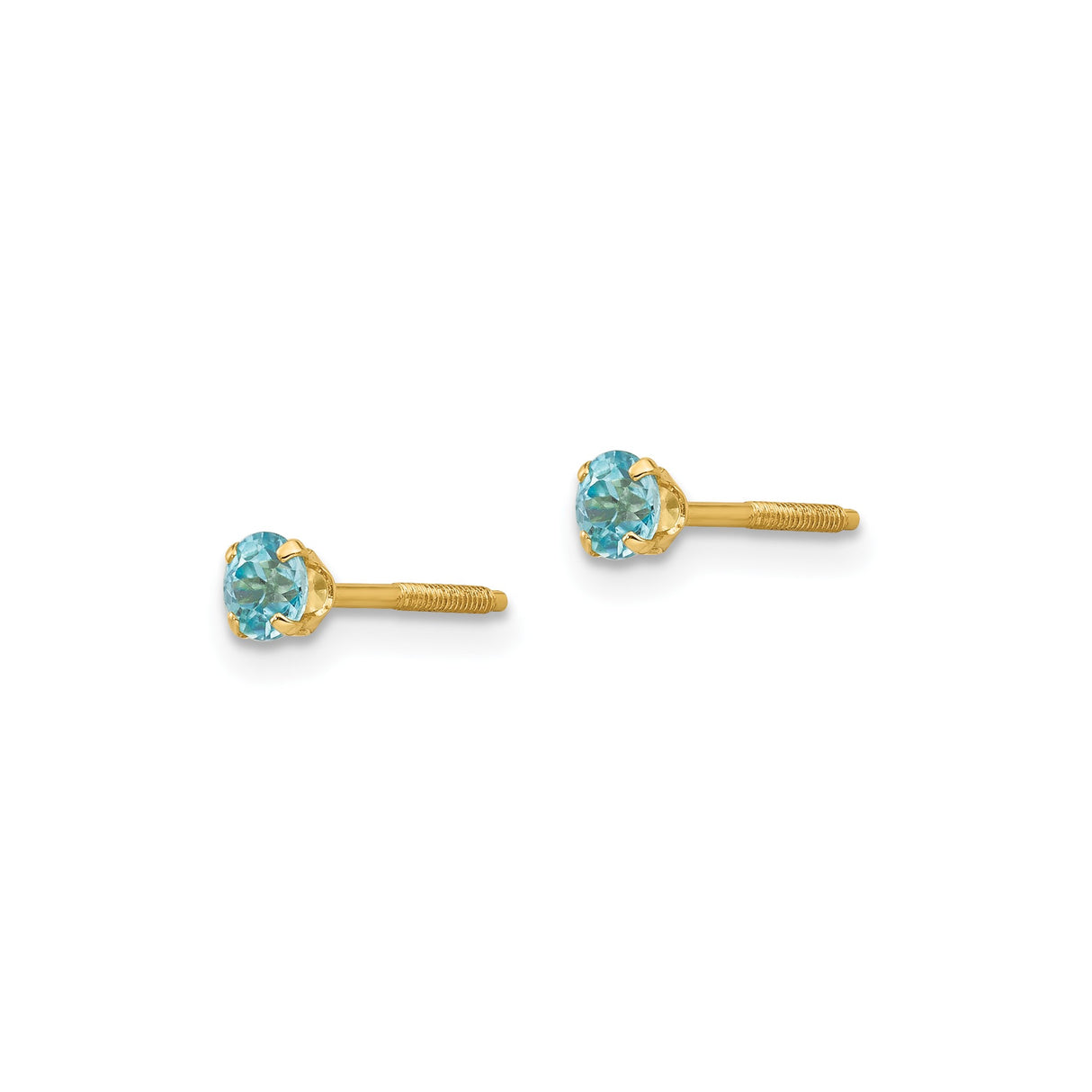 14k Yellow Gold Stud Earrings with Round Blue Zircon in Four Prong Setting, Minimalist Design