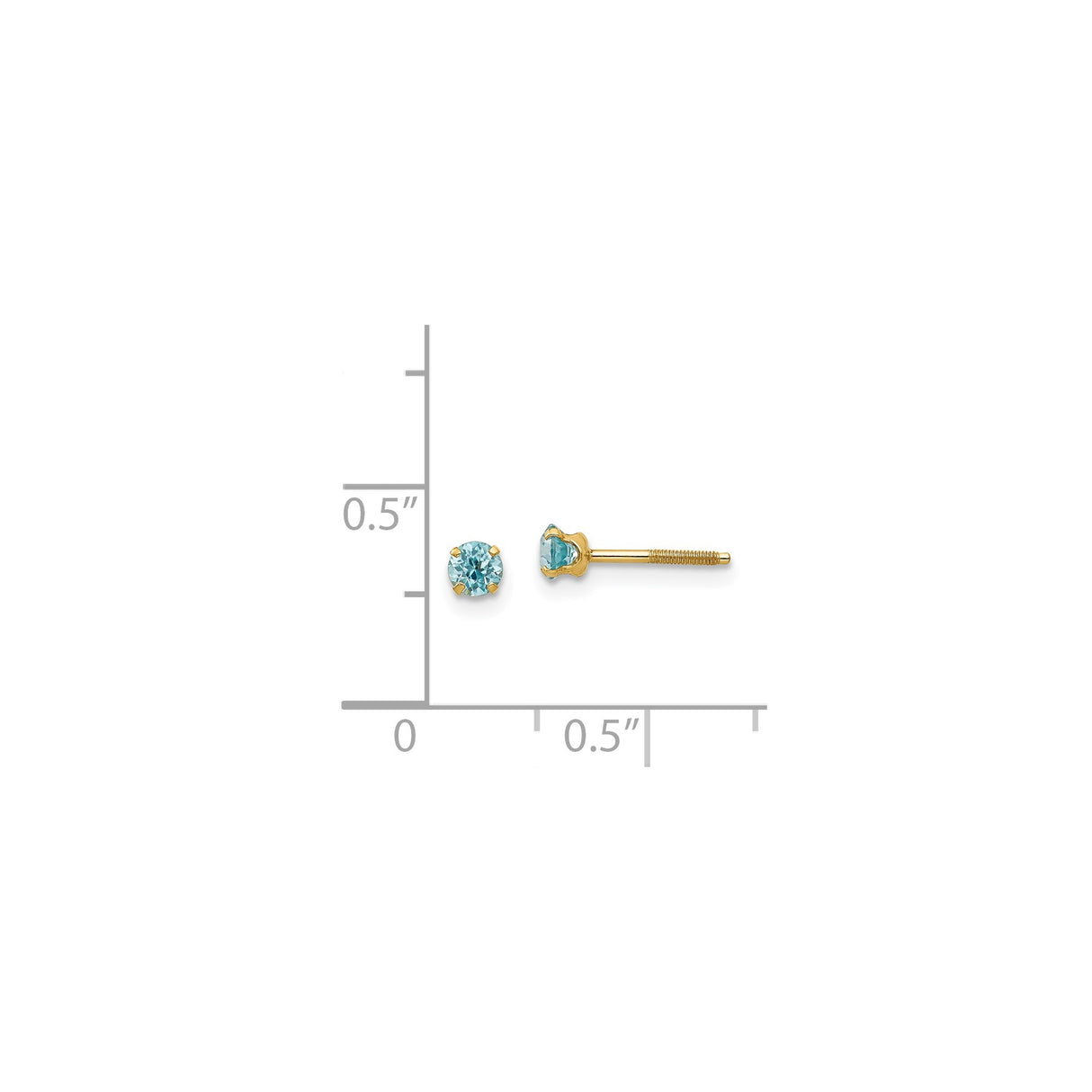 14k Yellow Gold Stud Earrings with Round Blue Zircon in Four Prong Setting, Minimalist Design