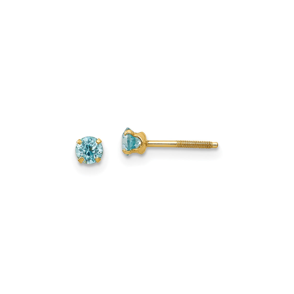 14k Yellow Gold Stud Earrings with Round Blue Zircon in Four Prong Setting, Minimalist Design