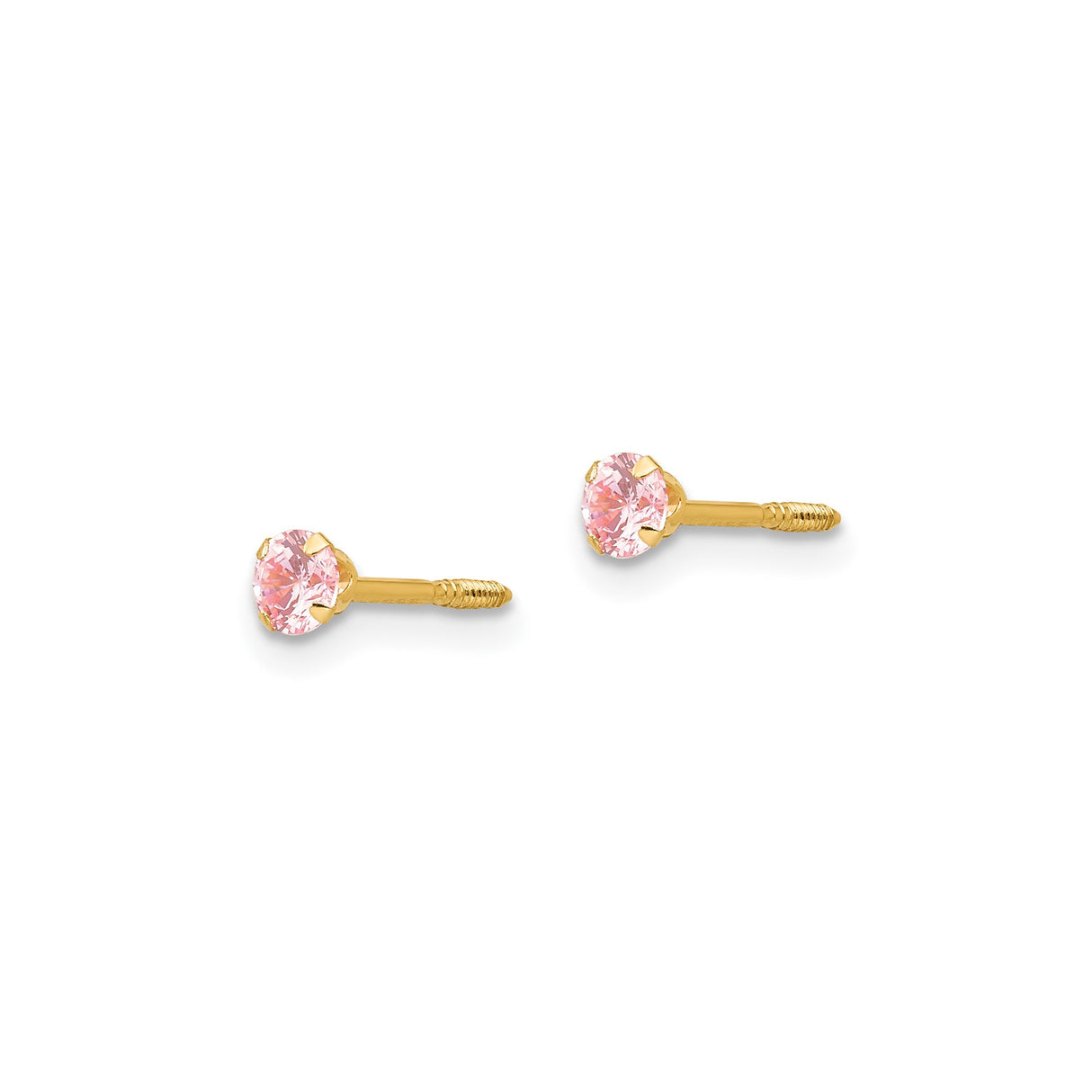 14k Yellow Gold Stud Earrings with Round Cut Pink Cubic Zirconia in Four Prong Setting