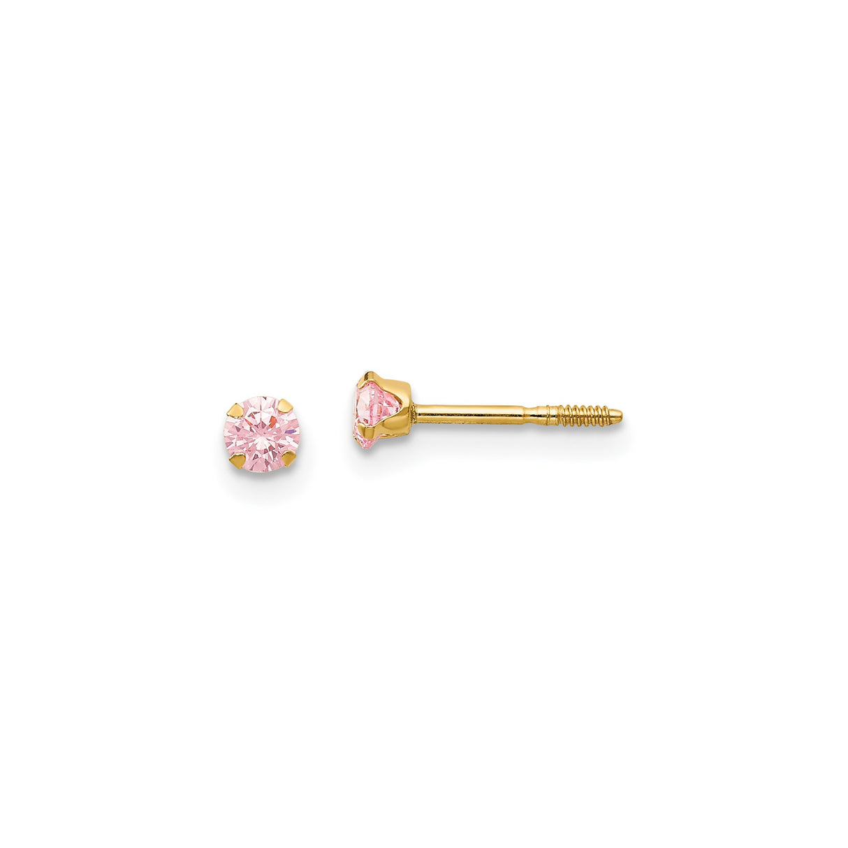 14k Yellow Gold Stud Earrings with Round Cut Pink Cubic Zirconia in Four Prong Setting