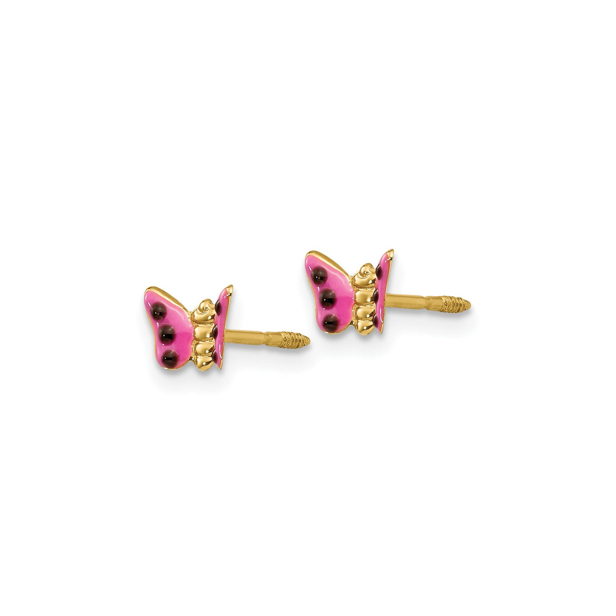 14k Yellow Gold Butterfly Stud Earrings with Pink and Black Enamel, Screw Back for Girls