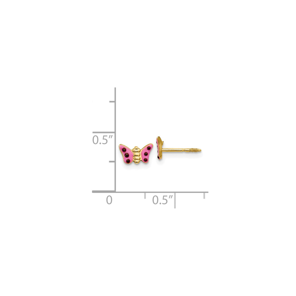 14k Yellow Gold Butterfly Stud Earrings with Pink and Black Enamel, Screw Back for Girls