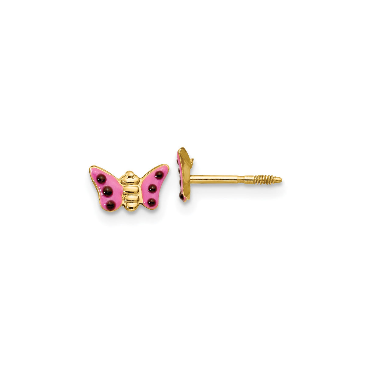 14k Yellow Gold Butterfly Stud Earrings with Pink and Black Enamel, Screw Back for Girls
