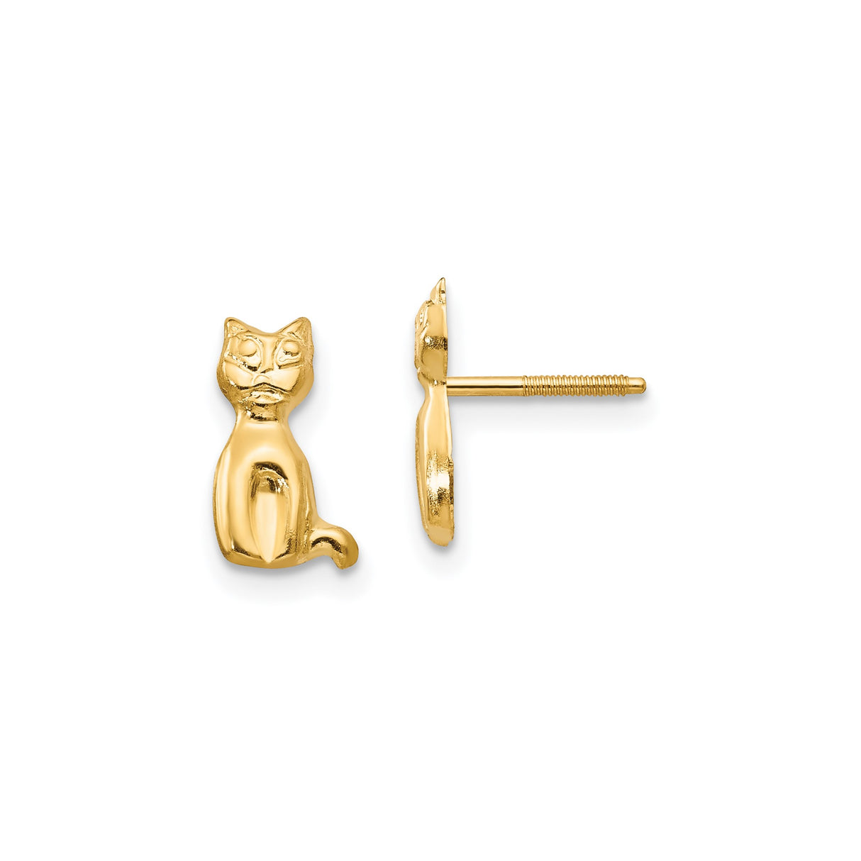 14k Yellow Gold Cat Stud Earrings, Petite Sitting Feline Design, Minimalist Animal Jewelry for Women