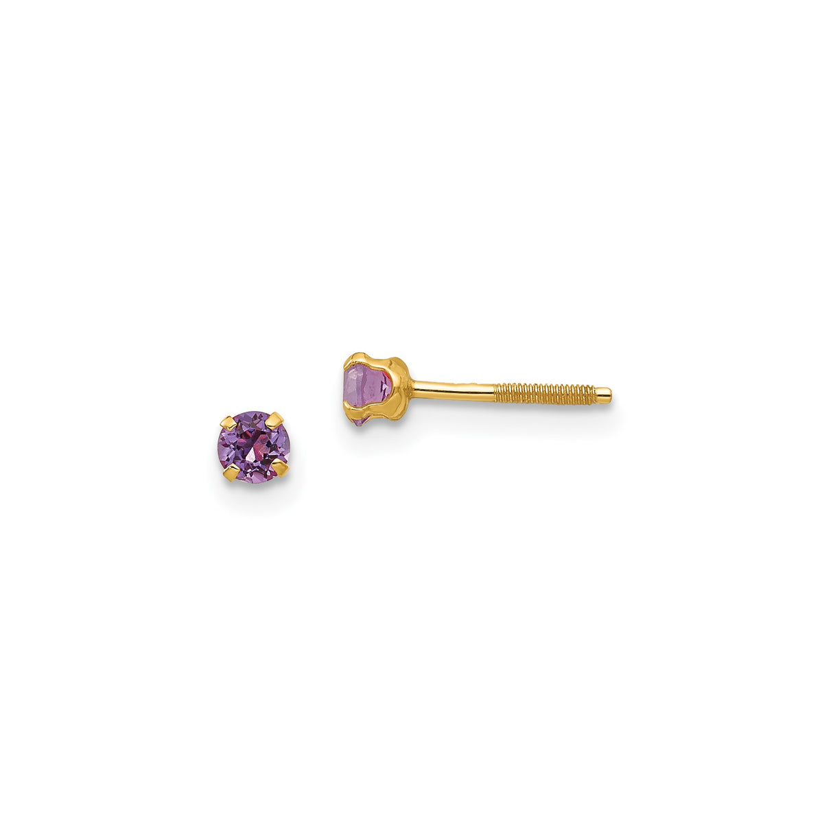 14k Yellow Gold Stud Earrings with Round Created Amethyst in Four Prong Setting