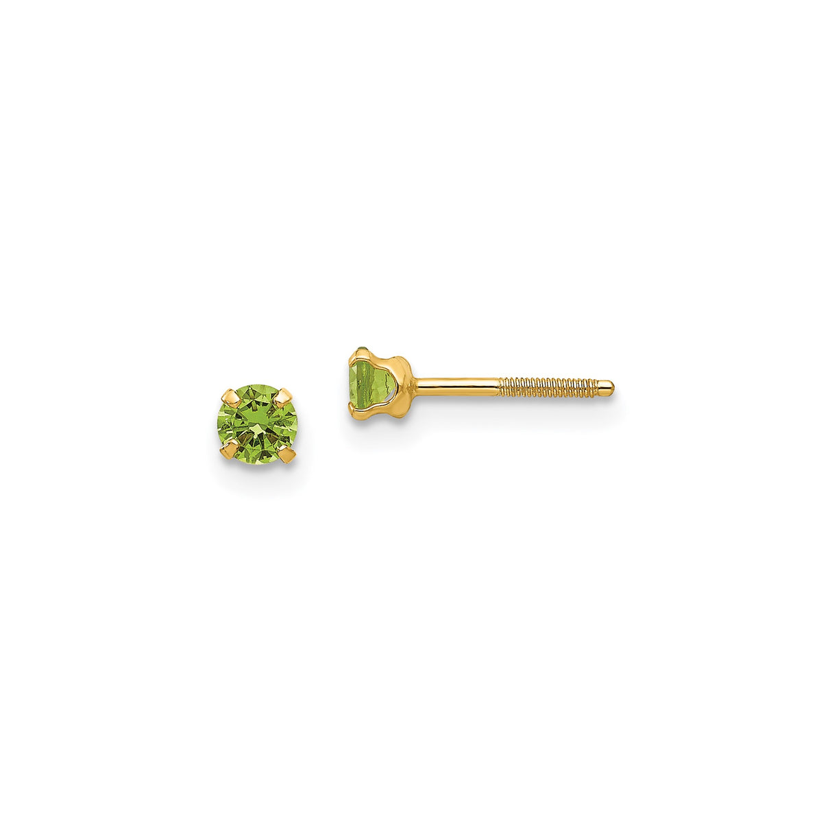 14k Yellow Gold Stud Earrings with Round Cut Created Green Birthstone, Four Prong Setting