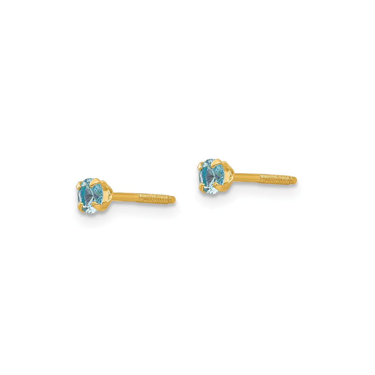 14k Yellow Gold Stud Earrings with Light Blue Created Birthstones, Minimalist Design for Women