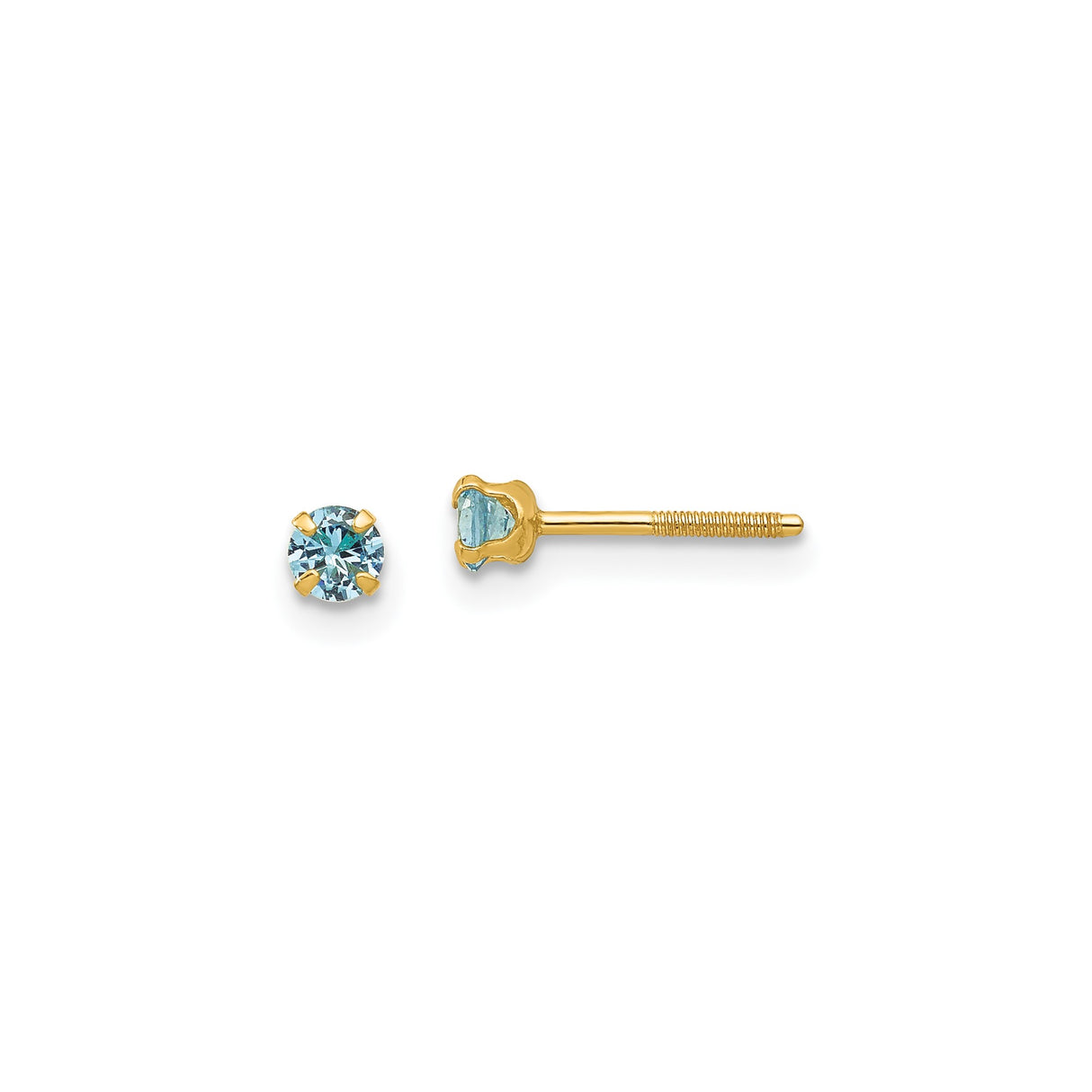 14k Yellow Gold Stud Earrings with Light Blue Created Birthstones, Minimalist Design for Women